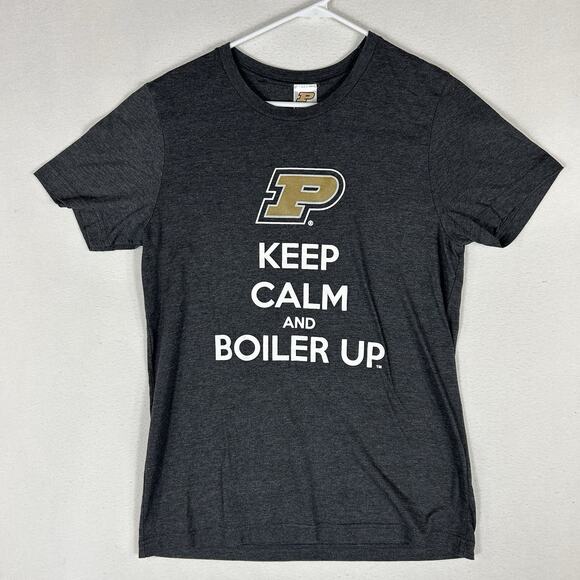 Purdue University Keep Calm and Boiler Up Graphic T-Shirt Womens Medium Gray Tee - Picture 1 of 8